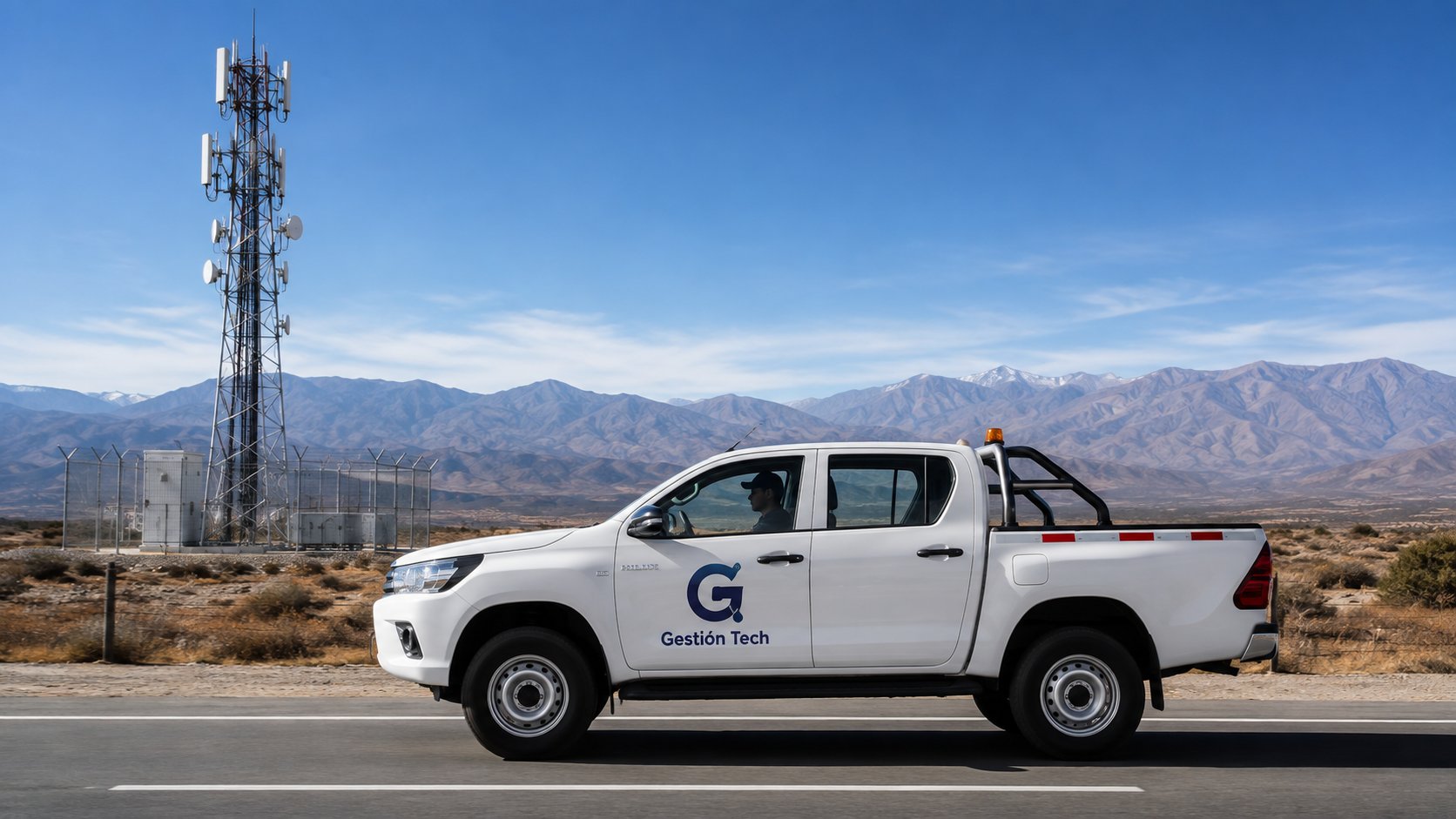 Camioneta técnica de Gestión Tech junto a una torre de telecomunicaciones